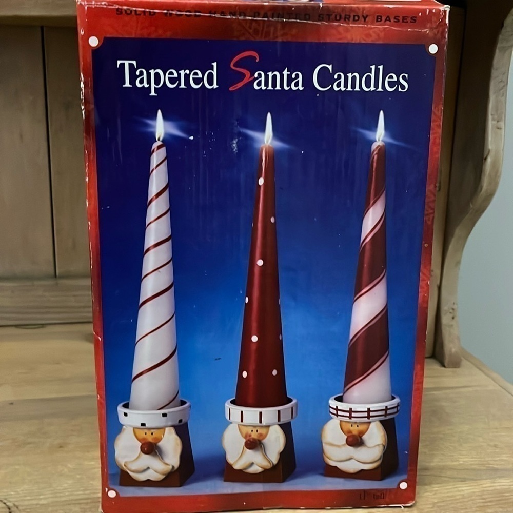Christmas Tapered Santa Candles Set of 3 Hand-painted Wood Base New Holiday Box